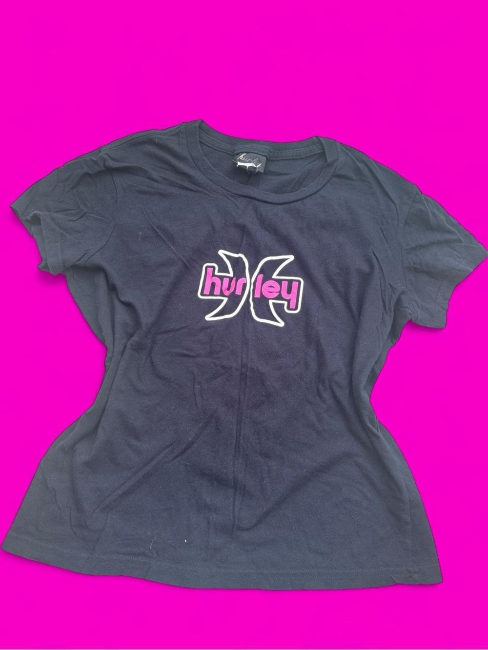 Y2K Hurley Black Logo Crewneck babyTee with Pink Accent